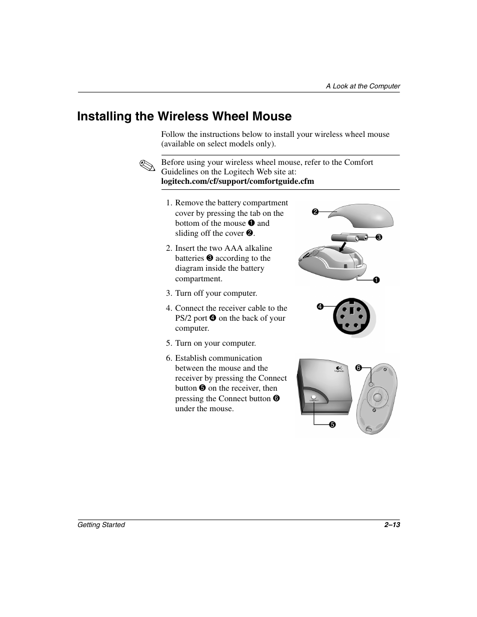 Installing the wireless wheel mouse, Installing the wireless wheel mouse –13 | Compaq 6000 User Manual | Page 21 / 70