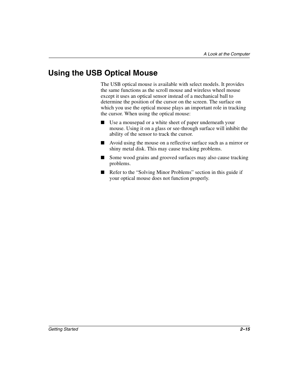 Using the usb optical mouse, Using the usb optical mouse –15 | Compaq 6000 User Manual | Page 23 / 70