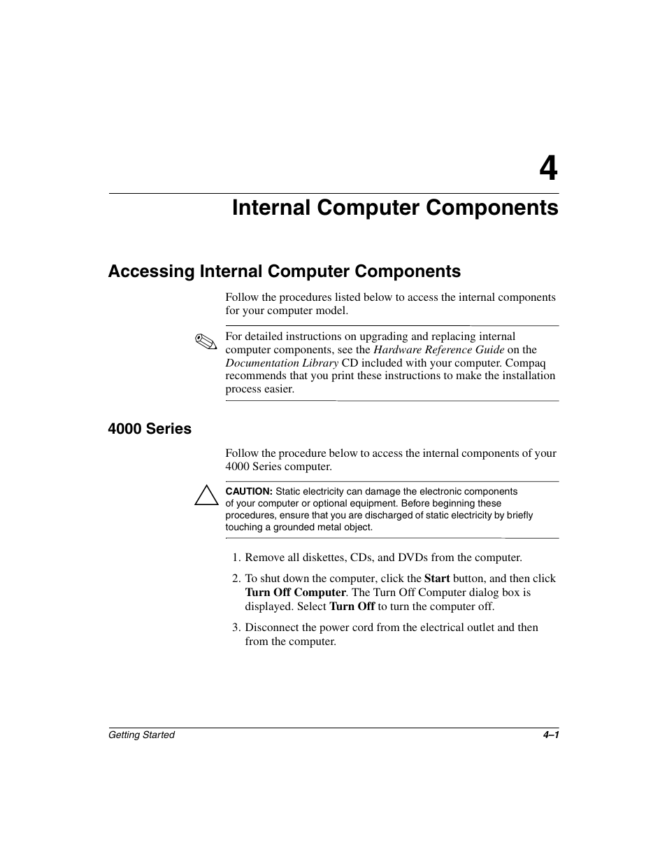 Internal computer components, Accessing internal computer components, 4000 series | Accessing internal computer components –1, 4000 series –1 | Compaq 6000 User Manual | Page 37 / 70