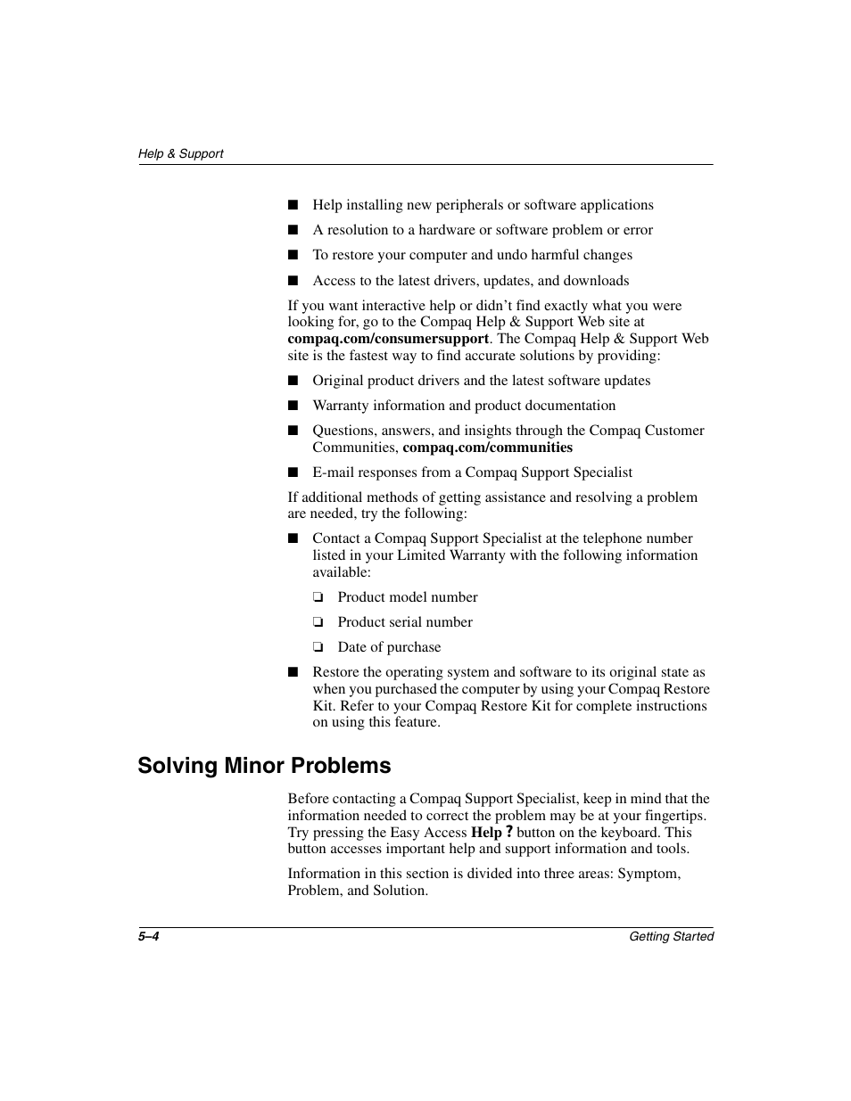 Solving minor problems, Solving minor problems –4 | Compaq 6000 User Manual | Page 48 / 70