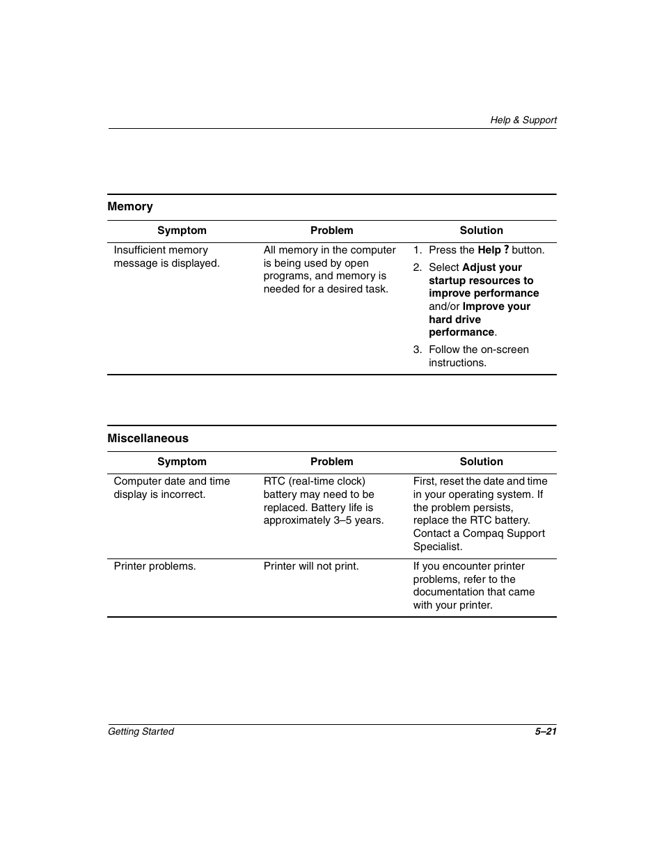 Memory –21 miscellaneous –22 | Compaq 6000 User Manual | Page 65 / 70