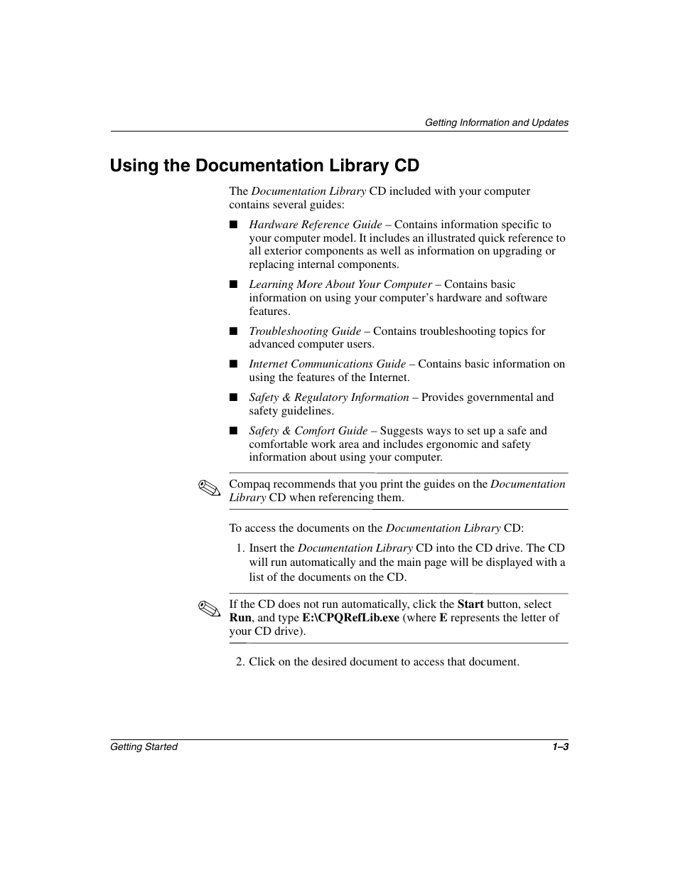Using the documentation library cd, Using the documentation library cd –3 | Compaq 6000 User Manual | Page 7 / 70