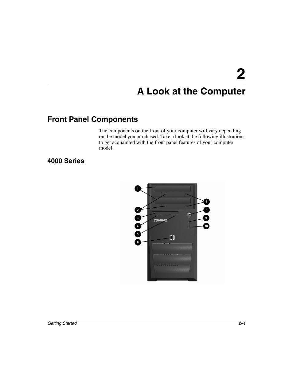 A look at the computer, Front panel components, 4000 series | Front panel components –1, 4000 series –1 | Compaq 6000 User Manual | Page 9 / 70
