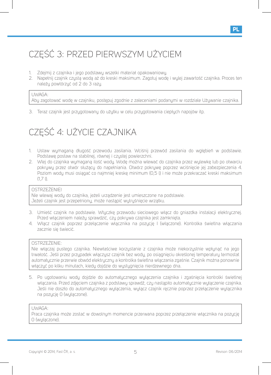 Część 3: przed pierwszym użyciem, Część 4: użycie czajnika | Philco PHWK 2012 User Manual | Page 43 / 48