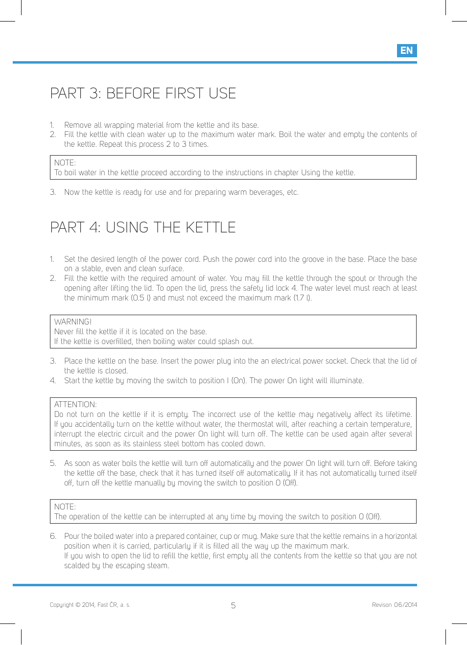 Part 3: before first use, Part 4: using the kettle | Philco PHWK 2012 User Manual | Page 7 / 48