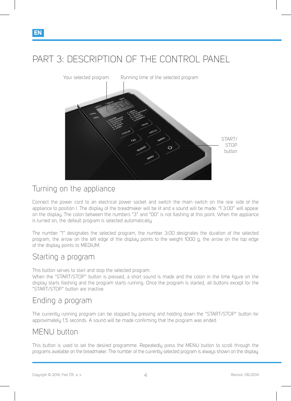 Part 3: description of the control panel, Turning on the appliance, Starting a program | Ending a program, Menu button | Philco PHBM 7000 User Manual | Page 6 / 88