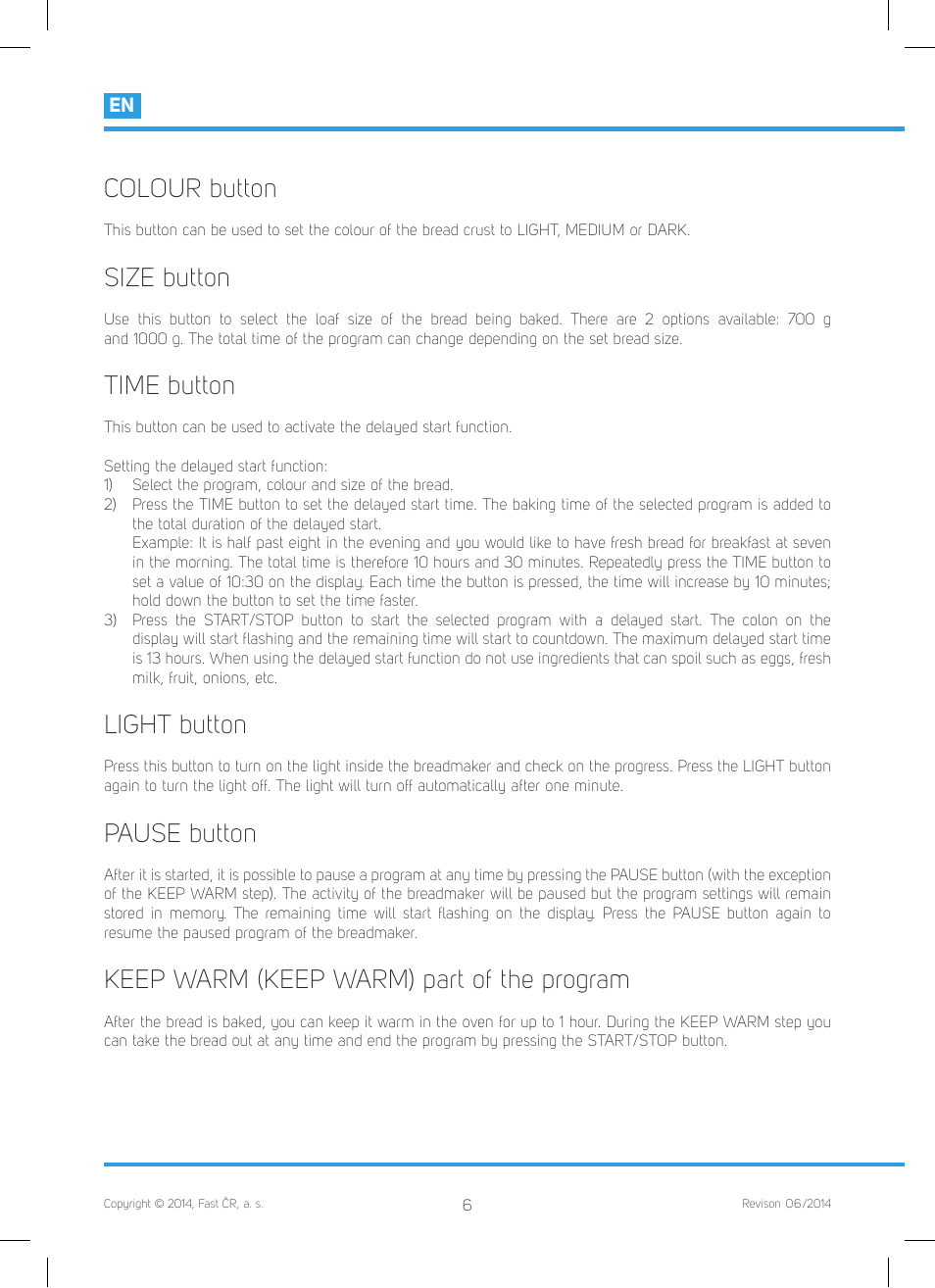 Colour button, Size button, Time button | Light button, Pause button, Keep warm (keep warm) part of the program | Philco PHBM 7000 User Manual | Page 8 / 88