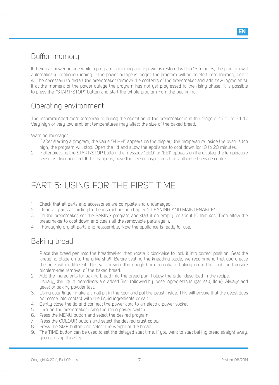 Part 5: using for the first time, Operating environment, Baking bread | Philco PHBM 7000 User Manual | Page 9 / 88