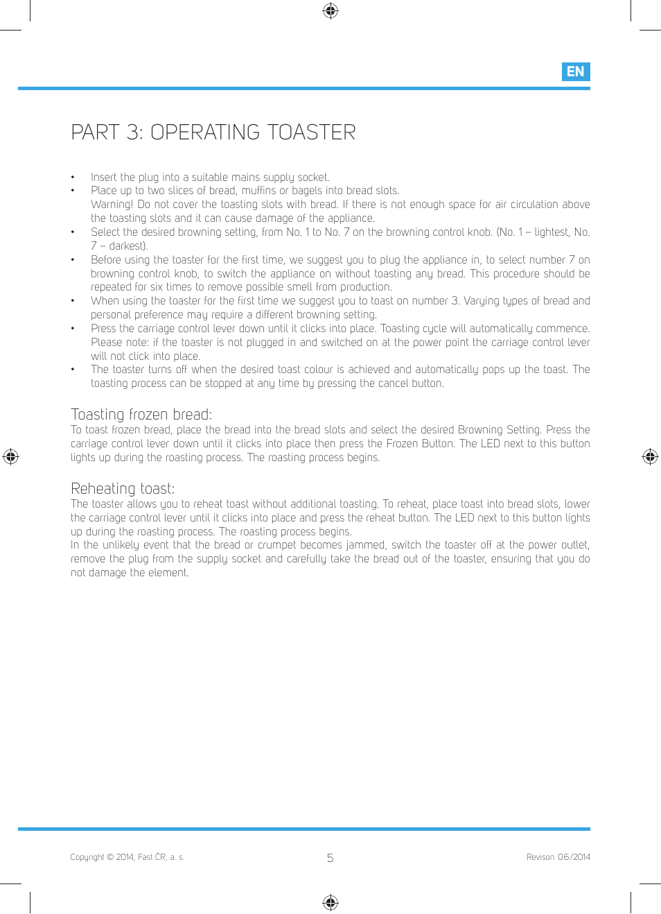 Part 3: operating toaster, Toasting frozen bread, Reheating toast | Philco PHTA 3000 User Manual | Page 7 / 42