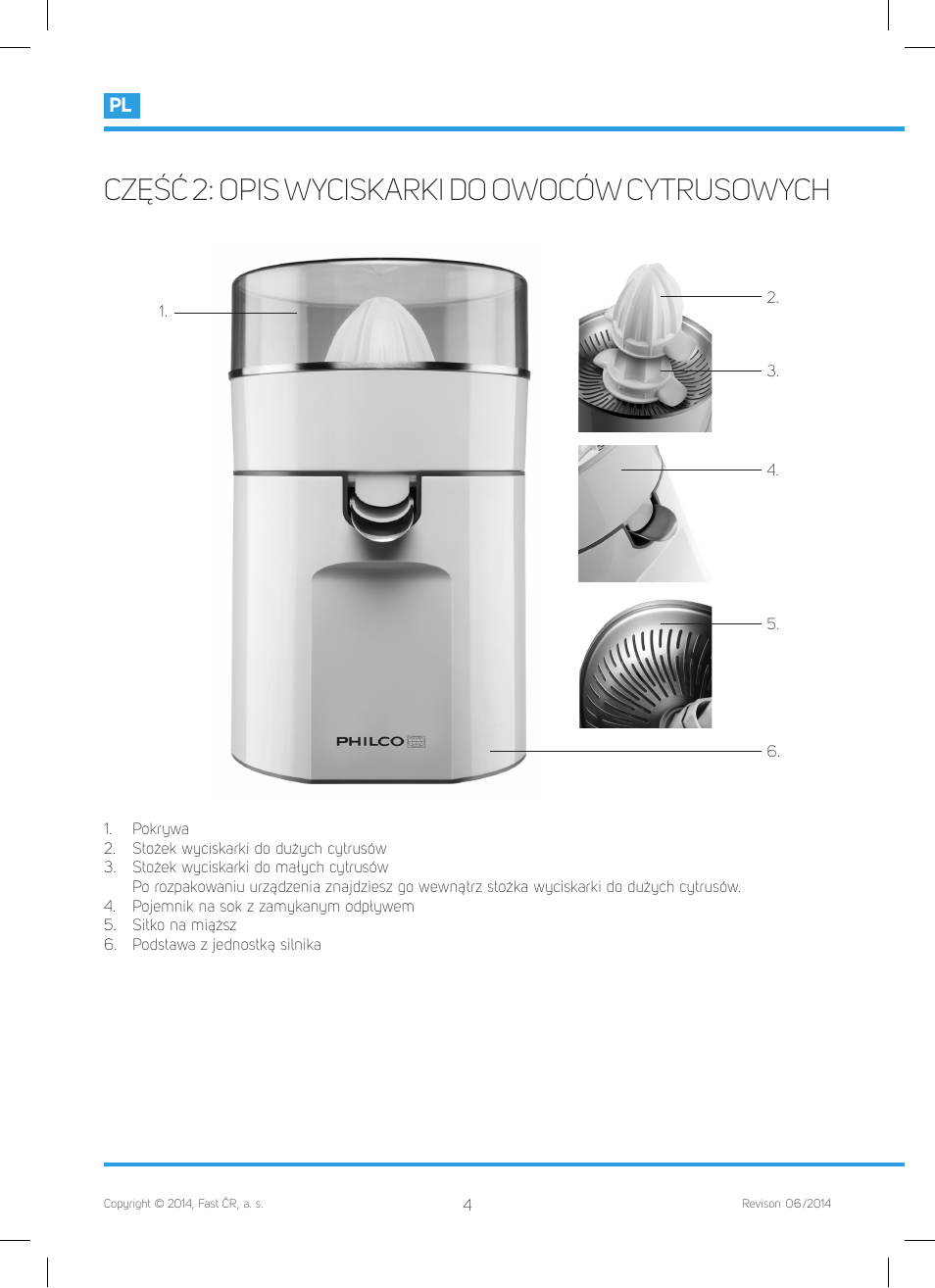 Część 2: opis wyciskarki do owoców cytrusowych | Philco PHCJ 4000 User Manual | Page 38 / 44