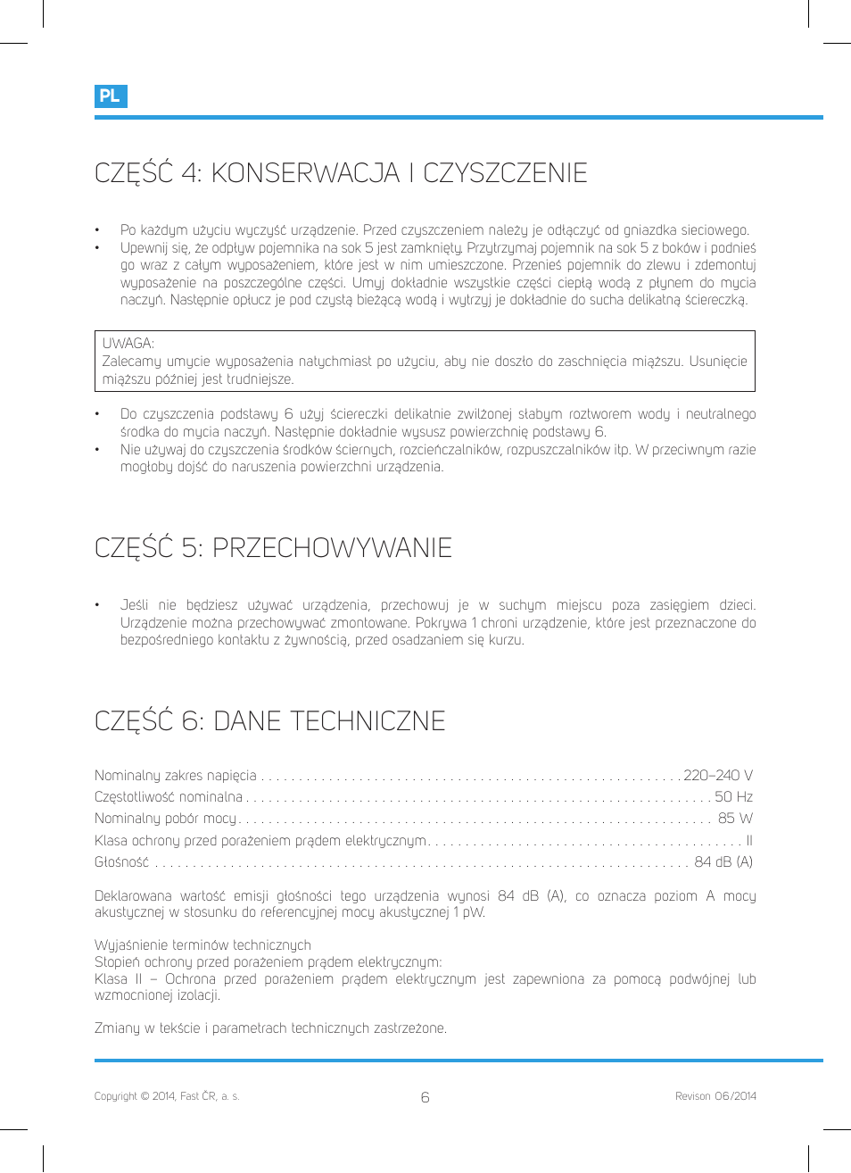Część 4: konserwacja i czyszczenie, Część 5: przechowywanie, Część 6: dane techniczne | Philco PHCJ 4000 User Manual | Page 40 / 44