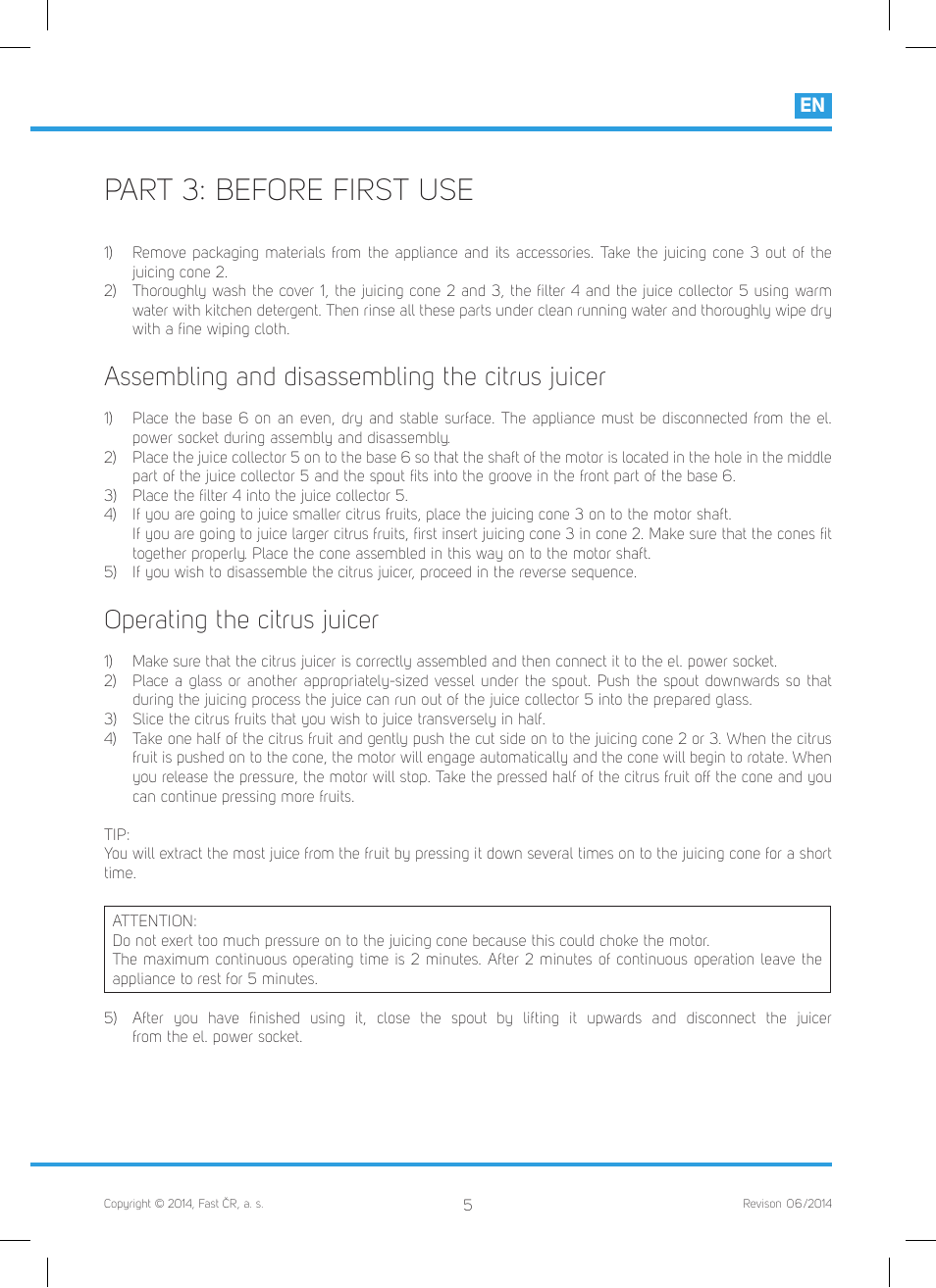 Part 3: before first use, Assembling and disassembling the citrus juicer, Operating the citrus juicer | Philco PHCJ 4000 User Manual | Page 7 / 44