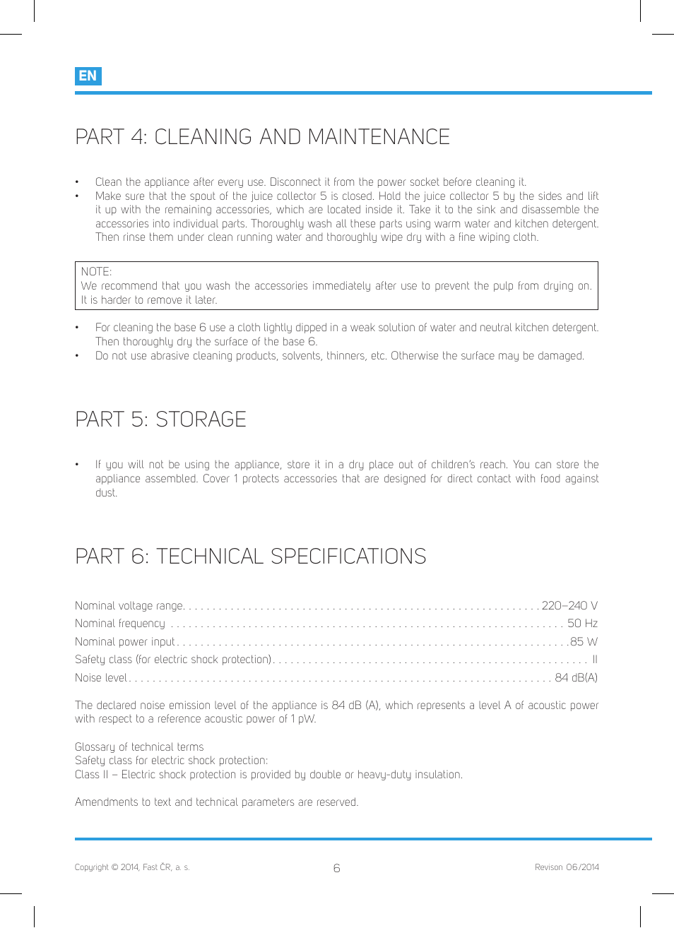 Part 4: cleaning and maintenance, Part 5: storage, Part 6: technical specifications | Philco PHCJ 4000 User Manual | Page 8 / 44