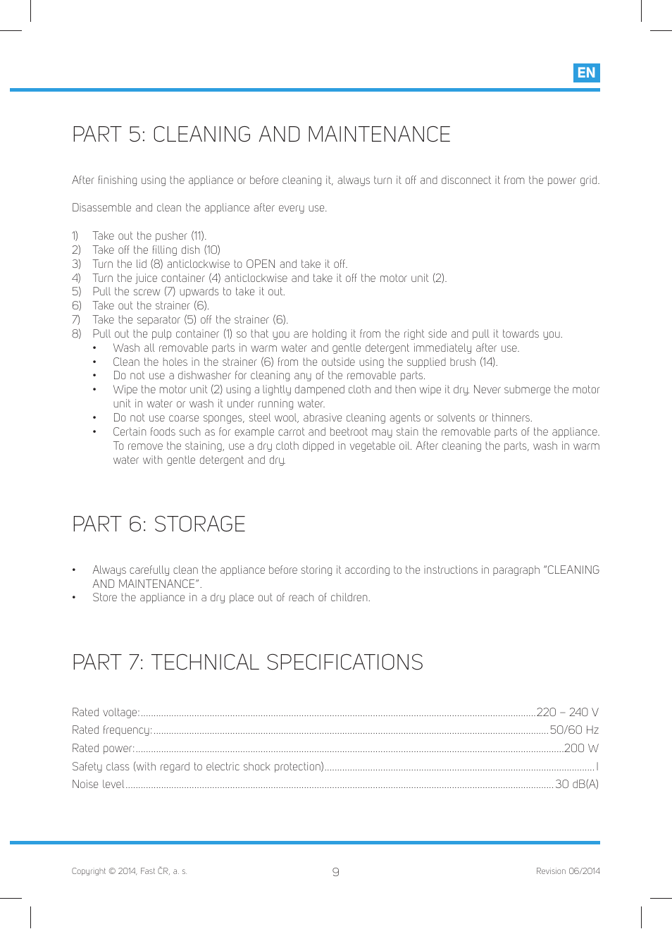Part 5: cleaning and maintenance, Part 6: storage, Part 7: technical specifications | Philco PHJE 5020 User Manual | Page 11 / 60