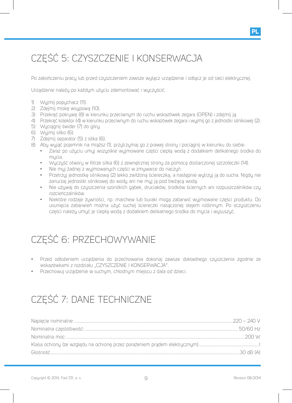 Część 5: czyszczenie i konserwacja, Część 6: przechowywanie, Część 7: dane techniczne | Philco PHJE 5020 User Manual | Page 55 / 60