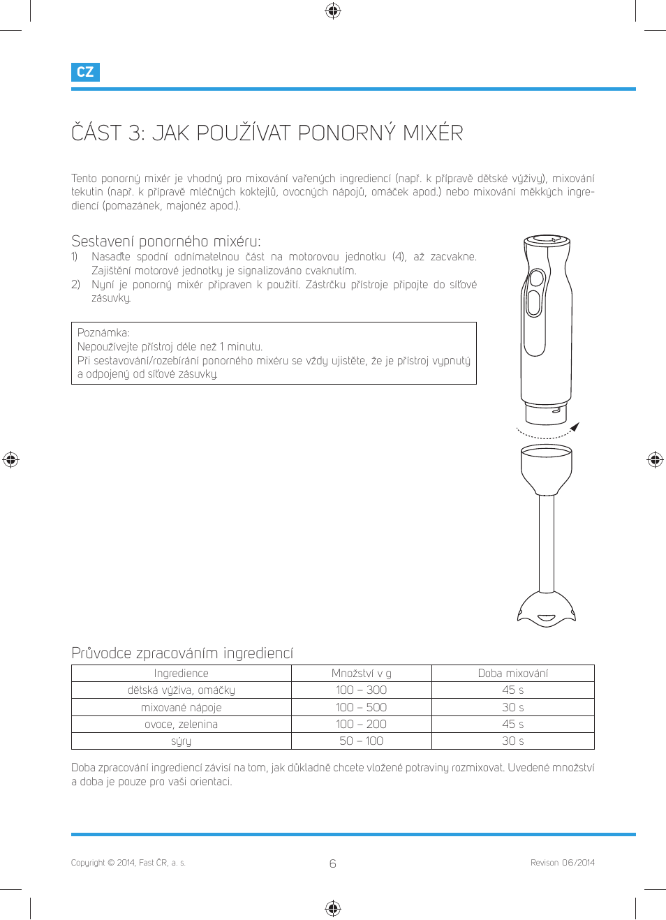 Část 3: jak používat ponorný mixér, Sestavení ponorného mixéru, Průvodce zpracováním ingrediencí | Philco PHHB 6603 User Manual | Page 20 / 62