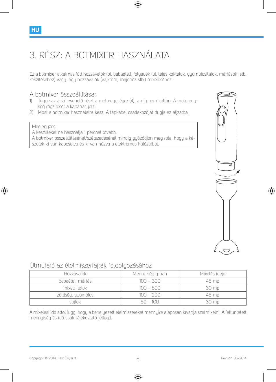 Rész: a botmixer használata, A botmixer összeállítása, Útmutató az élelmiszerfajták feldolgozásához | Philco PHHB 6603 User Manual | Page 44 / 62