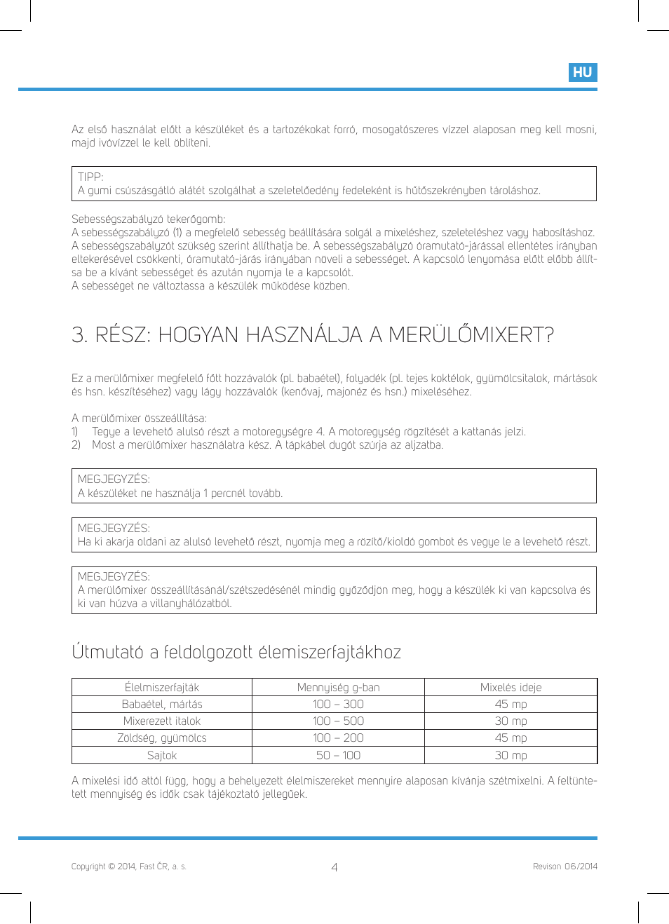 Rész: hogyan használja a merülőmixert, Útmutató a feldolgozott élemiszerfajtákhoz | Philco PHHB 6611 User Manual | Page 33 / 48