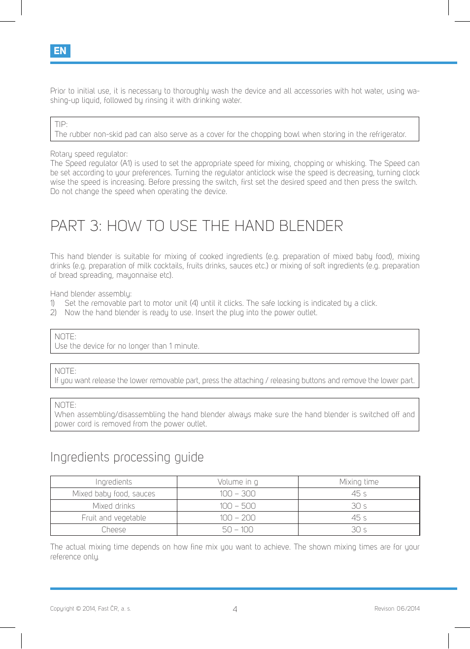 Part 3: how to use the hand blender, Ingredients processing guide | Philco PHHB 6611 User Manual | Page 6 / 48