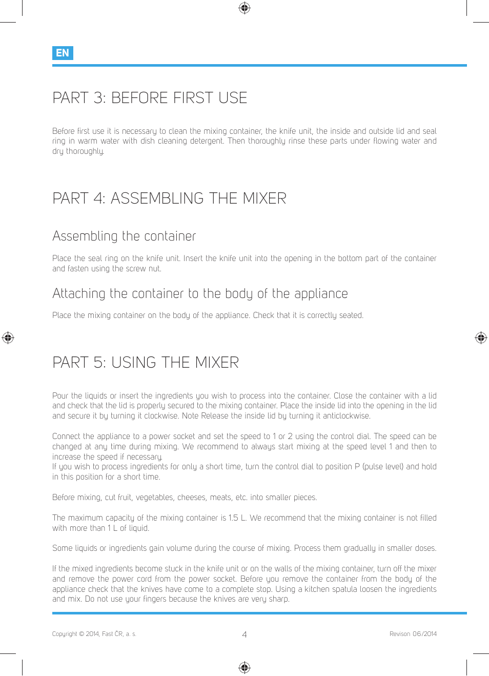 Part 3: before first use, Part 4: assembling the mixer, Part 5: using the mixer | Assembling the container | Philco PHTB 6001 User Manual | Page 6 / 42