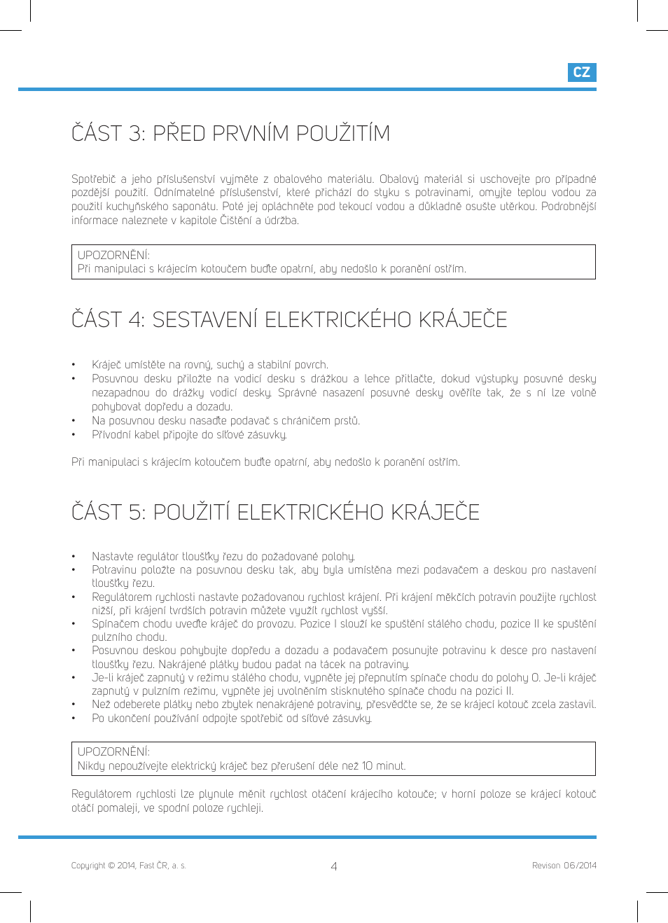 Část 3: před prvním použitím, Část 4: sestavení elektrického kráječe, Část 5: použití elektrického kráječe | Philco PHFS 8000 User Manual | Page 13 / 40