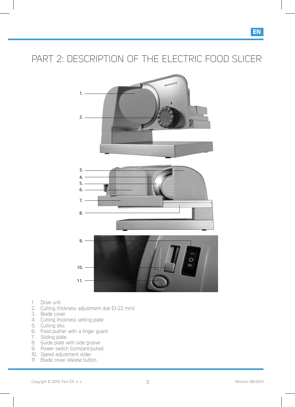 Part 2: description of the electric food slicer | Philco PHFS 8000 User Manual | Page 5 / 40