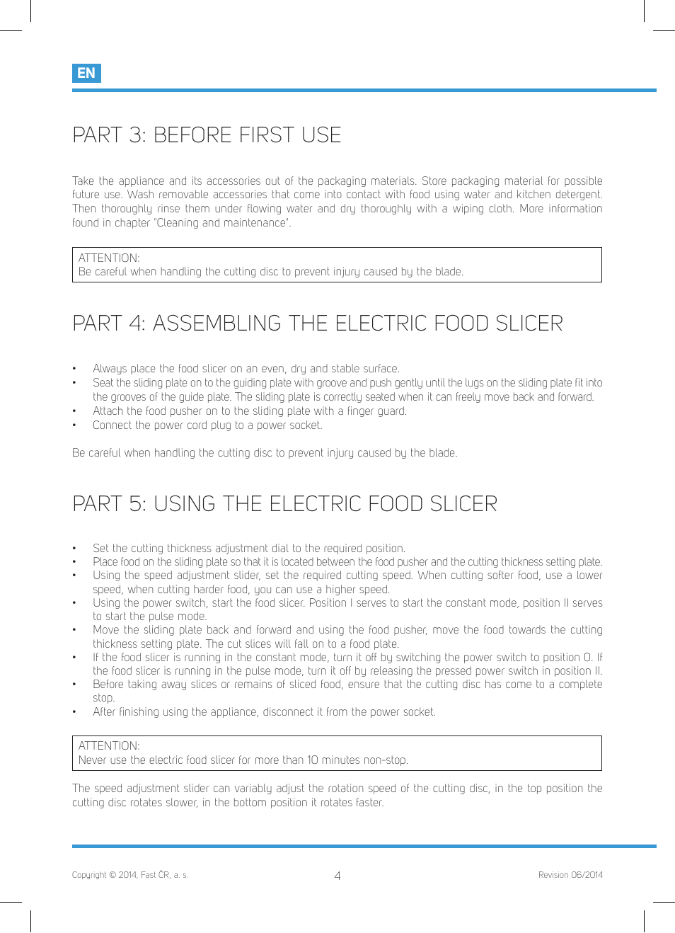 Part 3: before first use, Part 4: assembling the electric food slicer, Part 5: using the electric food slicer | Philco PHFS 8000 User Manual | Page 6 / 40