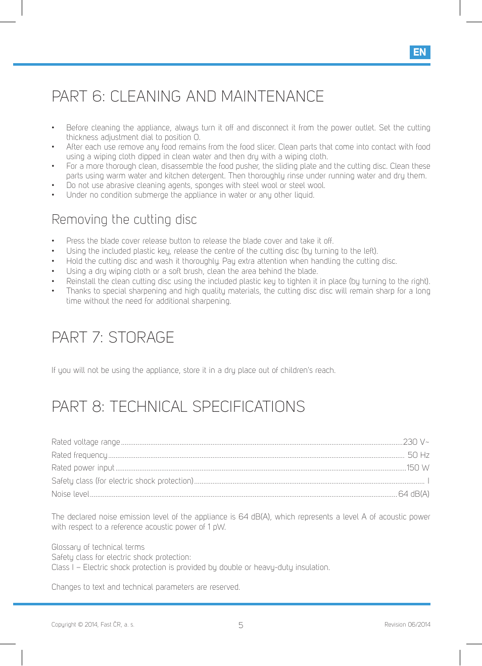 Part 6: cleaning and maintenance, Part 7: storage, Part 8: technical specifications | Removing the cutting disc | Philco PHFS 8000 User Manual | Page 7 / 40