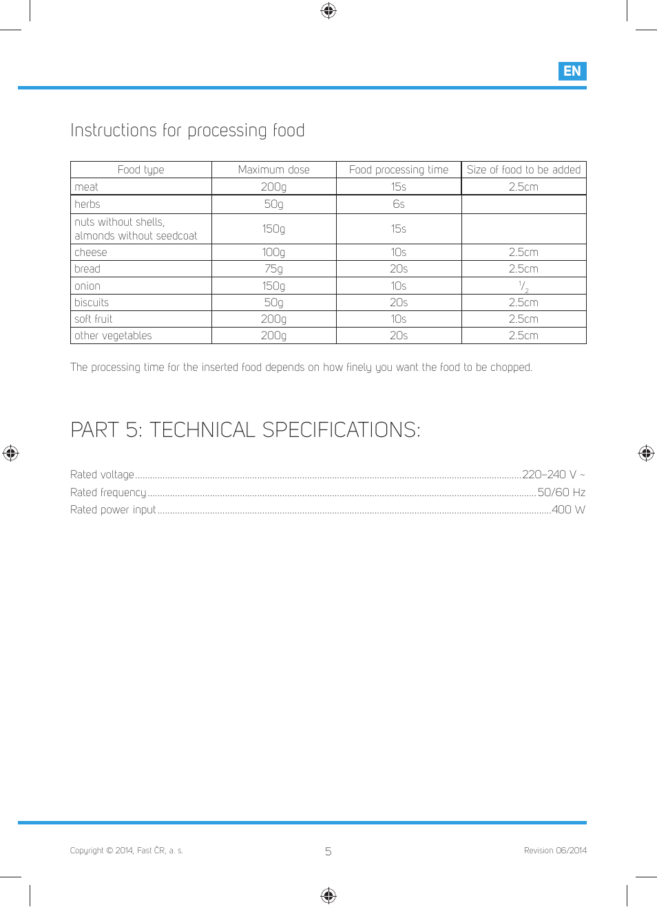 Part 5: technical specifications, Instructions for processing food | Philco PHHB 6900 User Manual | Page 7 / 38