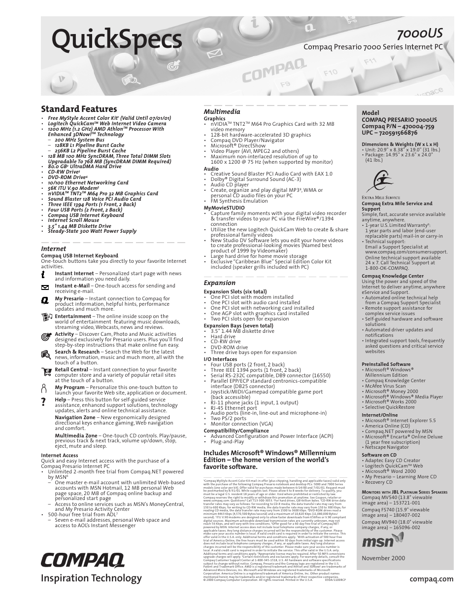Compaq Presario 7000 Series Internet PCQuick 470004-759 User Manual | 1 page
