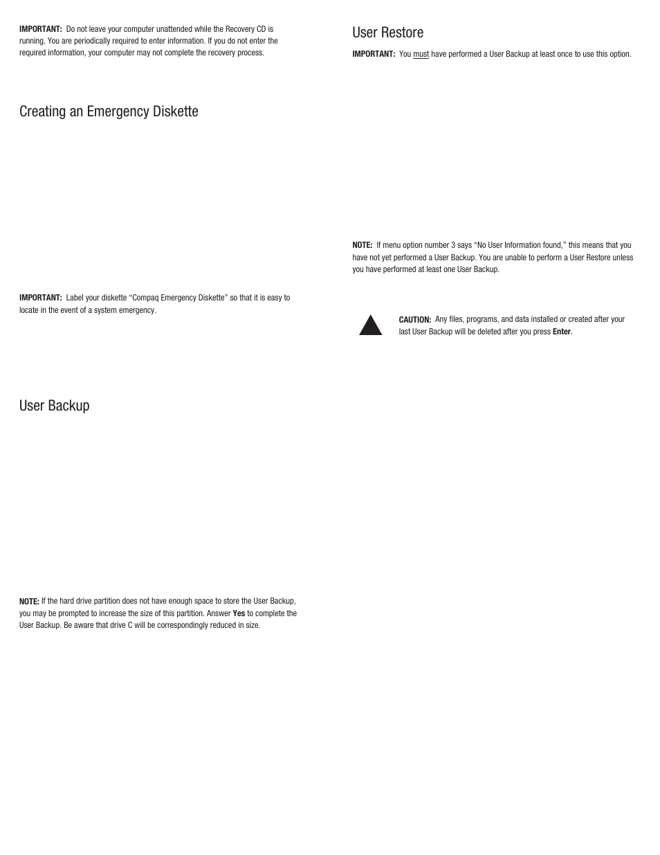 Creating an emergency diskette, User backup, User restore | Compaq 6B-H User Manual | Page 2 / 2