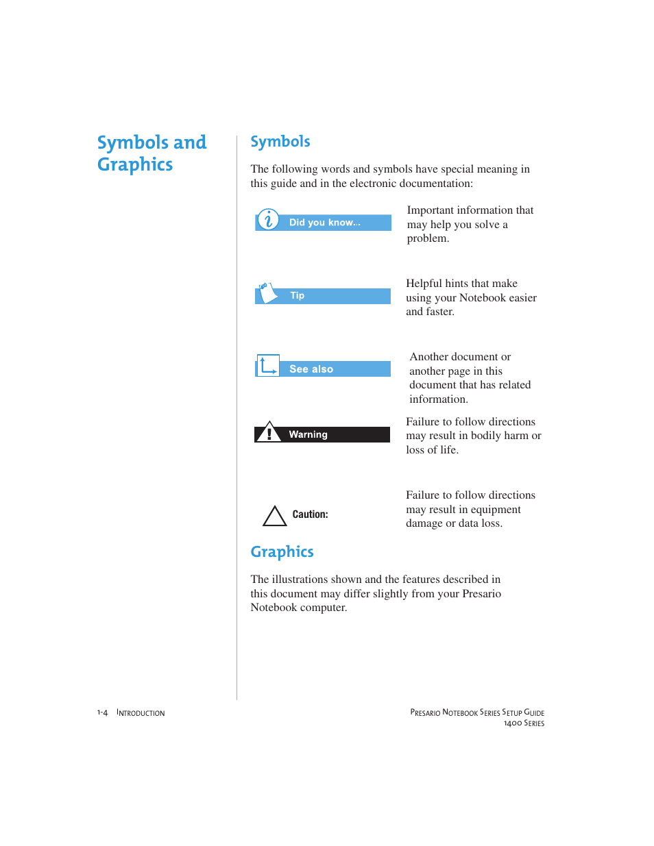 Symbols and graphics, Symbols, Graphics | Compaq 1400 User Manual | Page 10 / 164