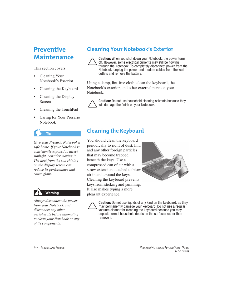 Preventive maintenance, Cleaning the keyboard | Compaq 1400 User Manual | Page 100 / 164