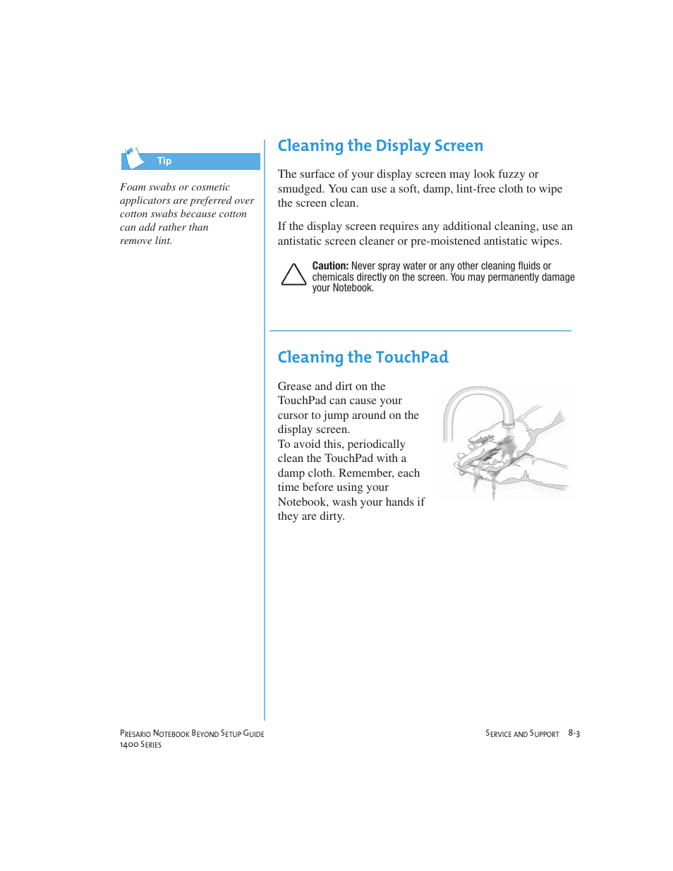 Cleaning the display screen, Cleaning the touchpad | Compaq 1400 User Manual | Page 101 / 164