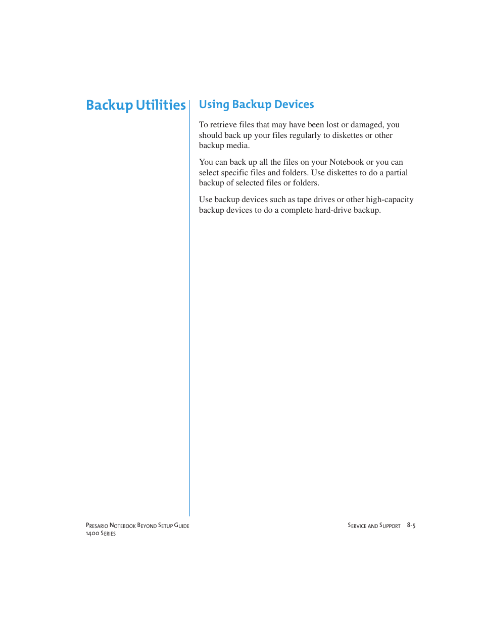 Backup utilities, Using backup devices | Compaq 1400 User Manual | Page 103 / 164