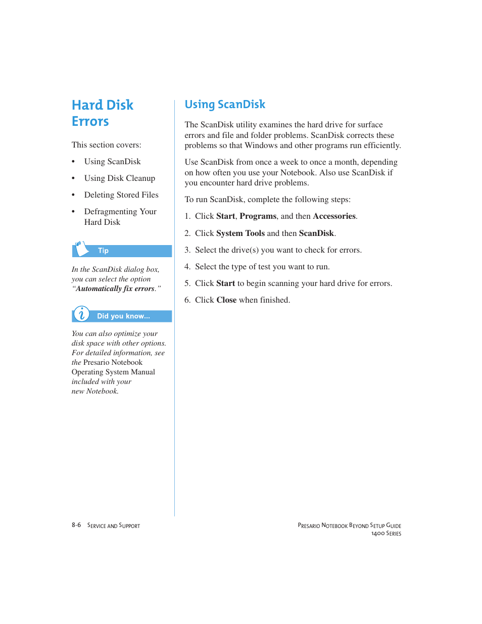 Hard disk errors, Using scandisk | Compaq 1400 User Manual | Page 104 / 164