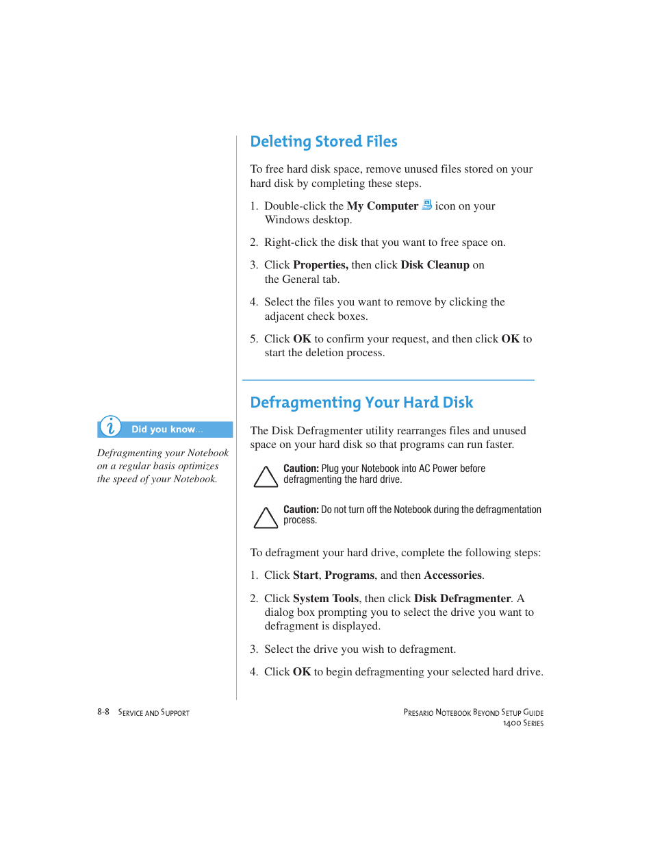 Deleting stored files, Defragmenting your hard disk | Compaq 1400 User Manual | Page 106 / 164