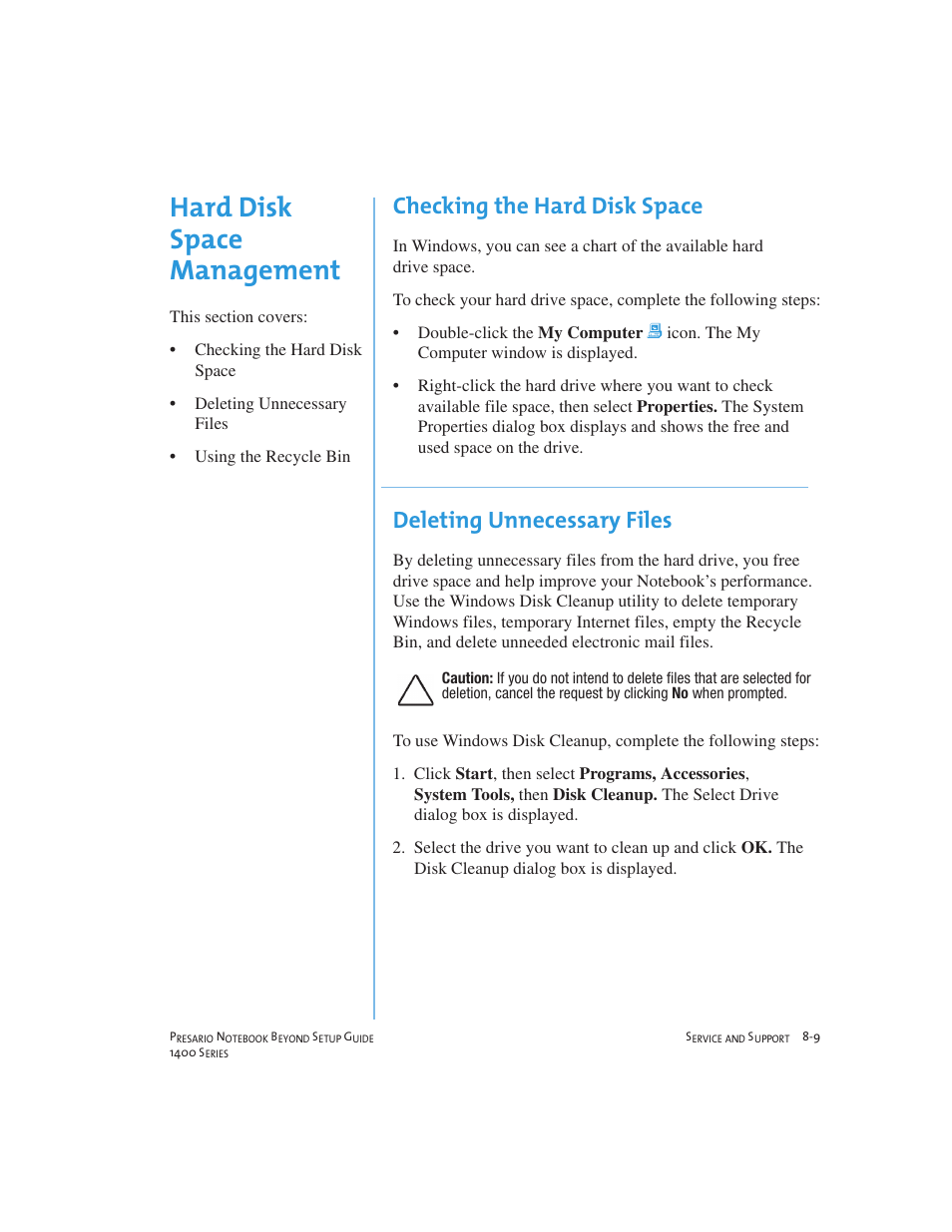 Hard disk space management, Checking the hard disk space, Deleting unnecessary files | Compaq 1400 User Manual | Page 107 / 164