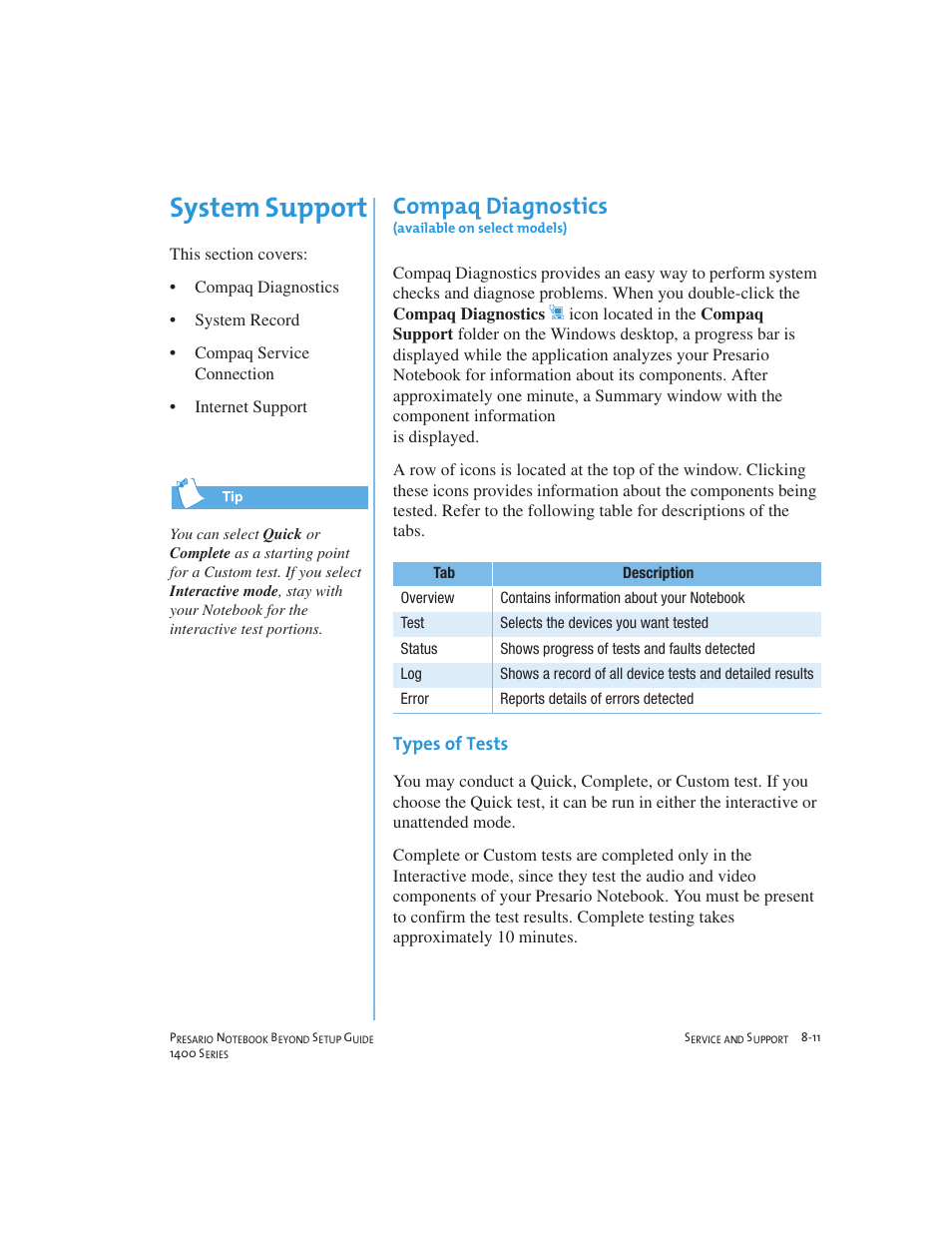 System support, Compaq diagnostics | Compaq 1400 User Manual | Page 109 / 164