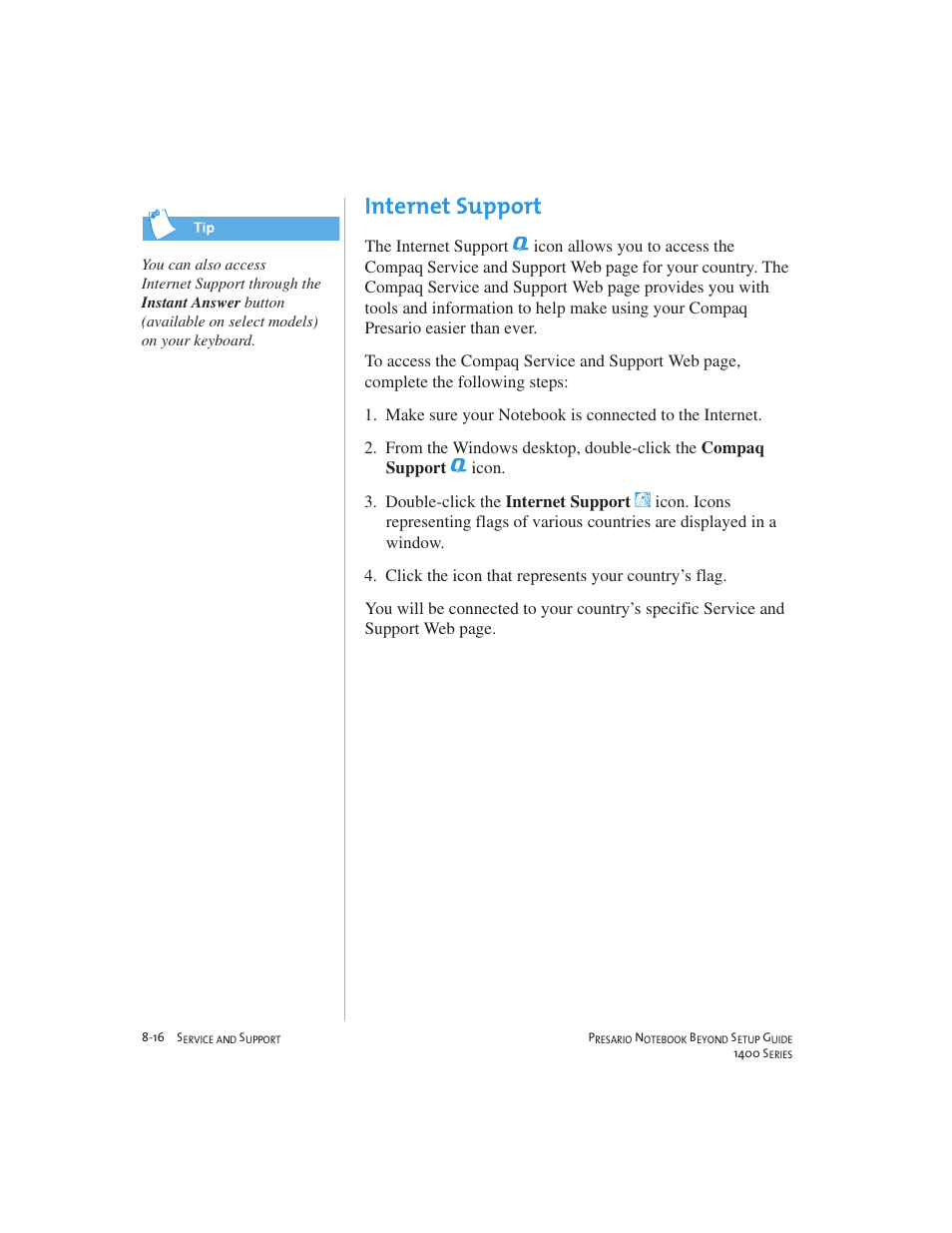 Internet support | Compaq 1400 User Manual | Page 114 / 164