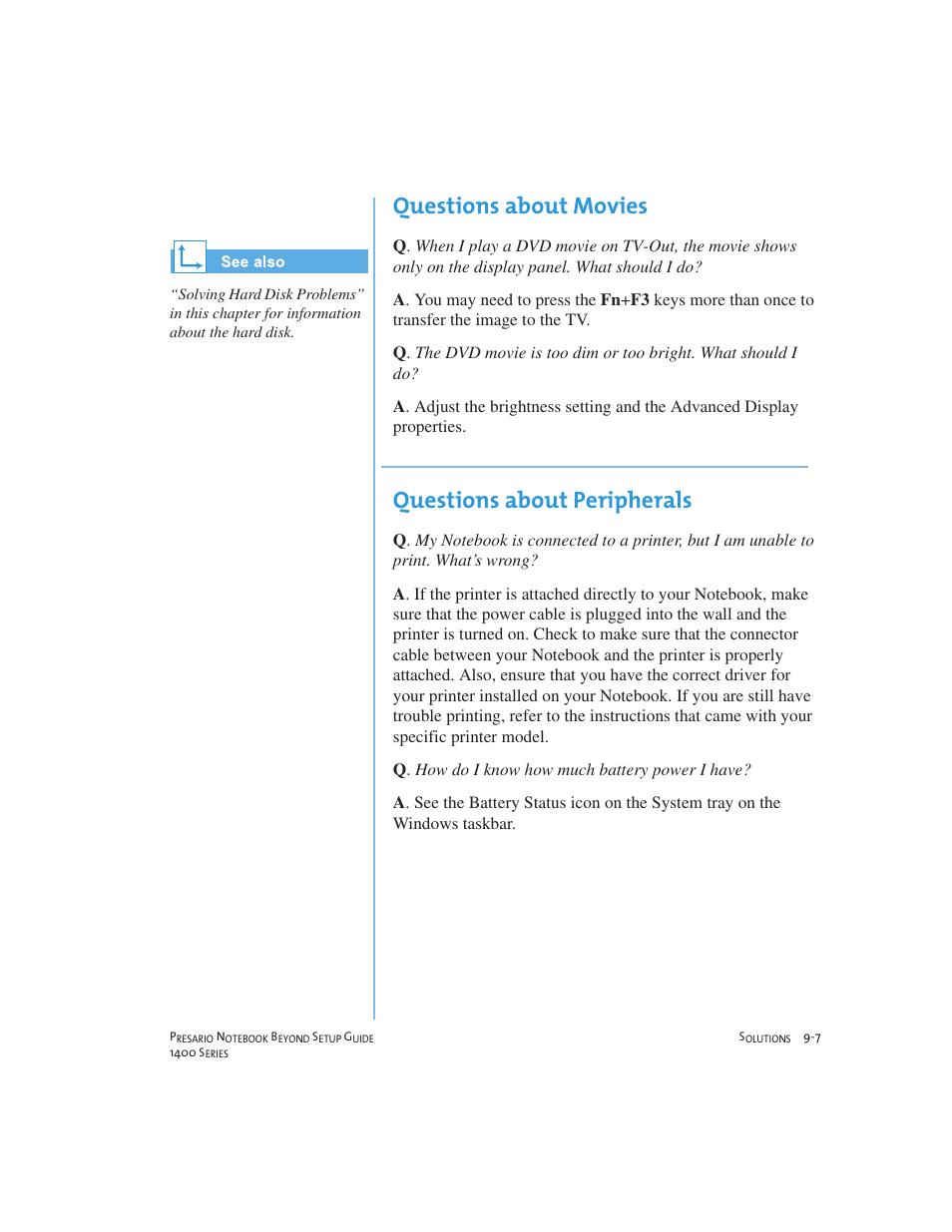 Questions about movies, Questions about peripherals | Compaq 1400 User Manual | Page 121 / 164