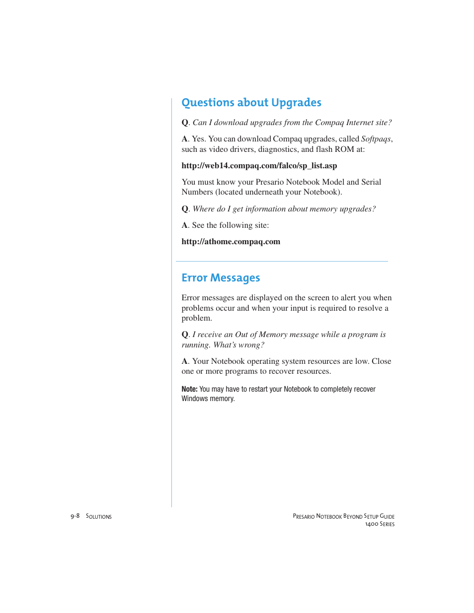 Questions about upgrades, Error messages | Compaq 1400 User Manual | Page 122 / 164