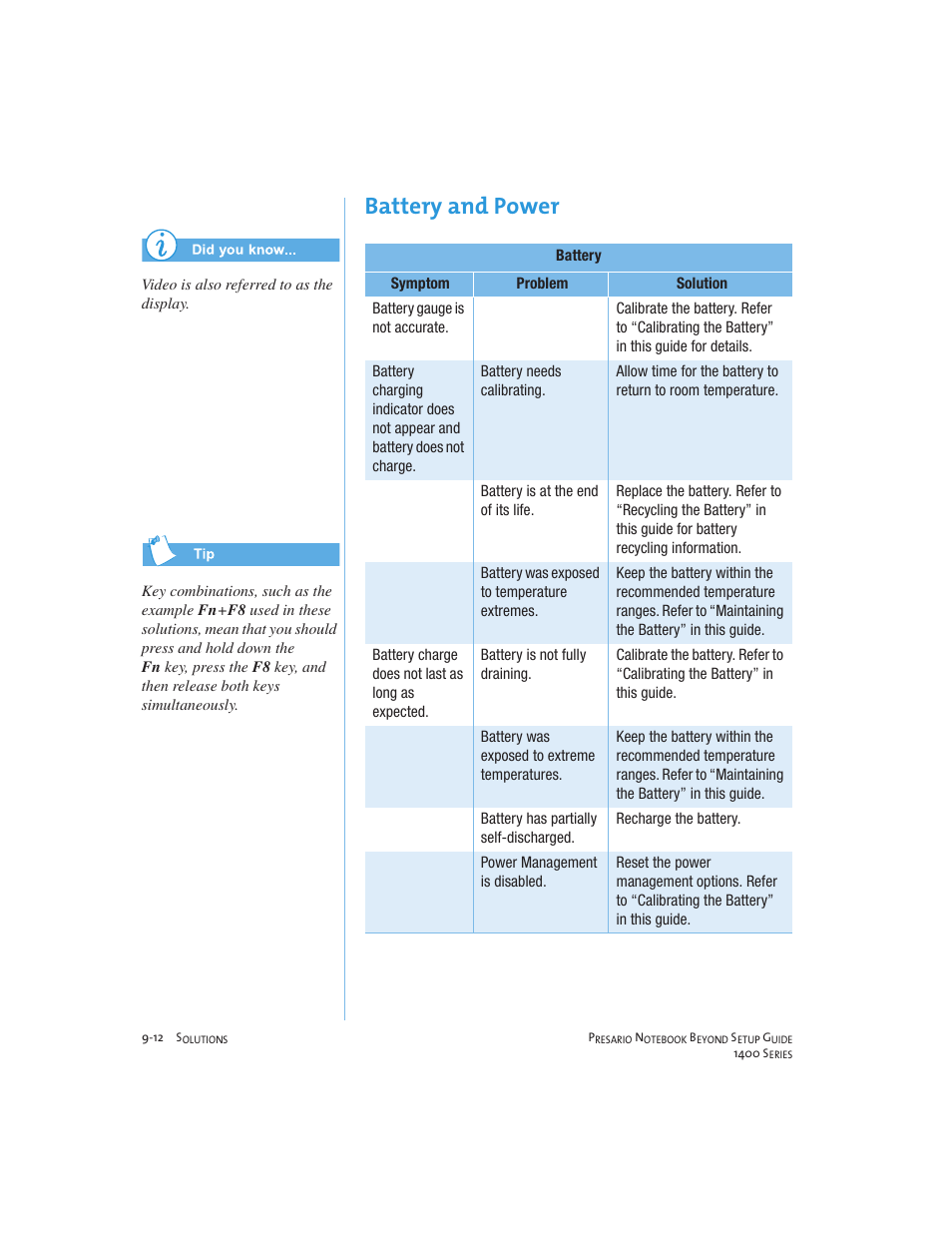 Battery and power | Compaq 1400 User Manual | Page 126 / 164