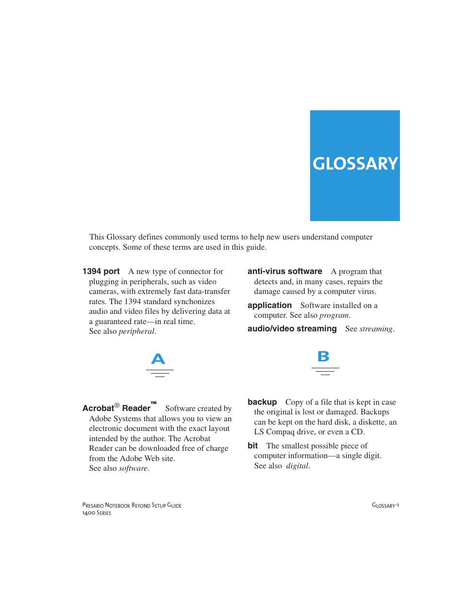 Glossary | Compaq 1400 User Manual | Page 141 / 164