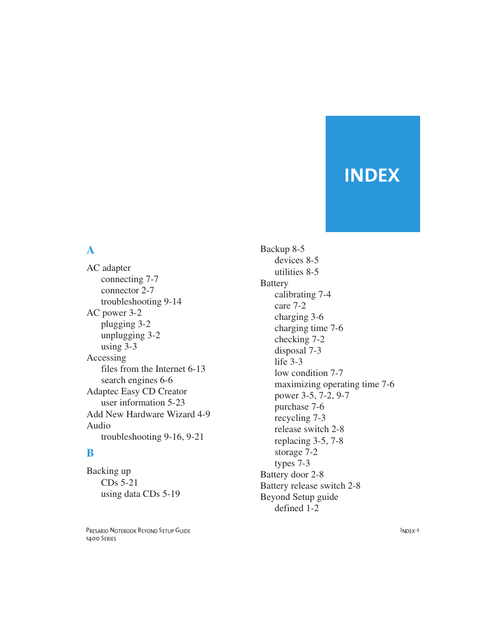 Index | Compaq 1400 User Manual | Page 157 / 164