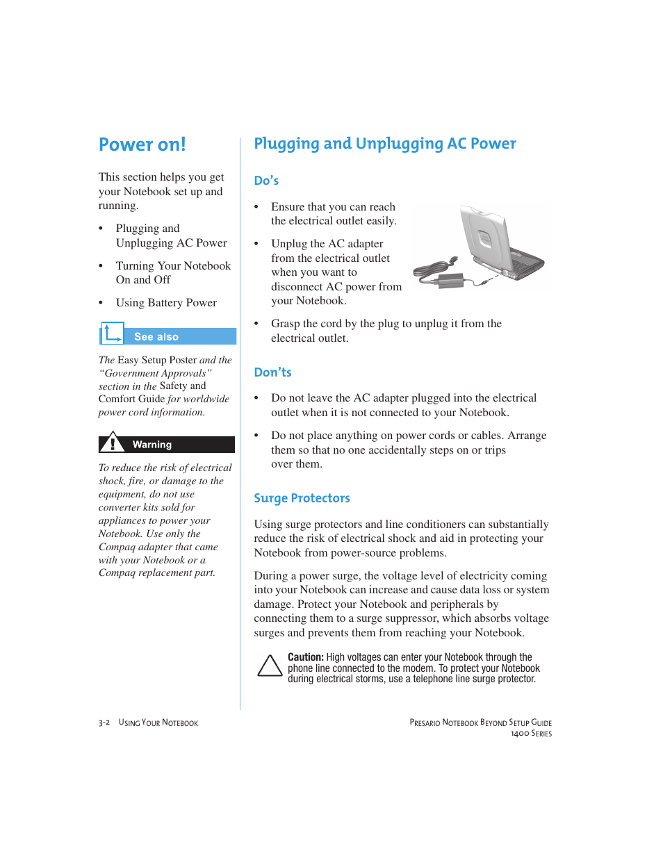 Power on, Plugging and unplugging ac power | Compaq 1400 User Manual | Page 22 / 164