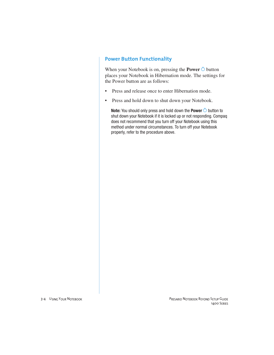 Power button functionality | Compaq 1400 User Manual | Page 24 / 164