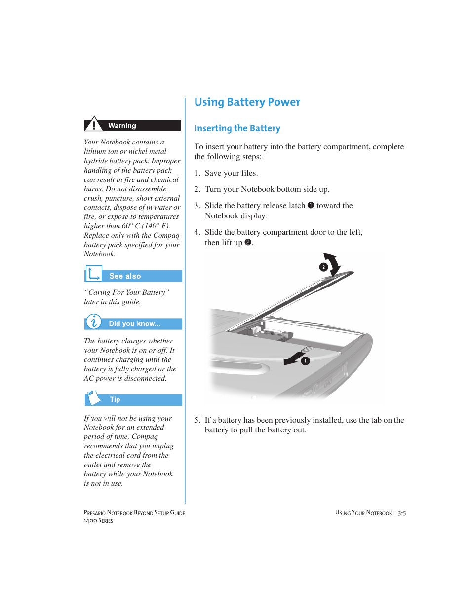 Using battery power, Inserting the battery | Compaq 1400 User Manual | Page 25 / 164