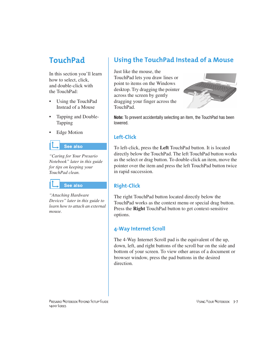 Touchpad, Using the touchpad instead of a mouse | Compaq 1400 User Manual | Page 27 / 164