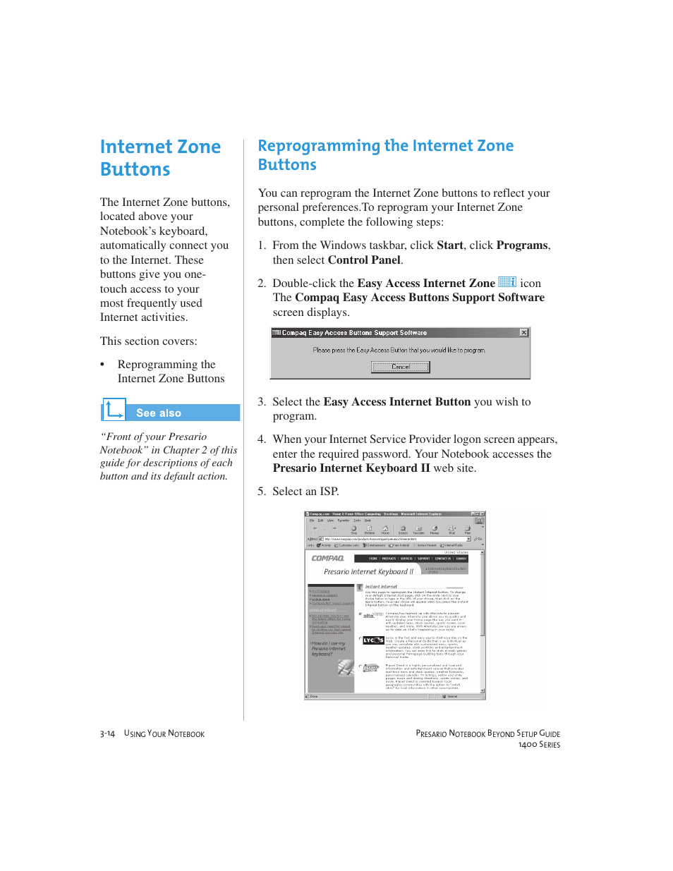 Internet zone buttons, Reprogramming the internet zone buttons | Compaq 1400 User Manual | Page 34 / 164
